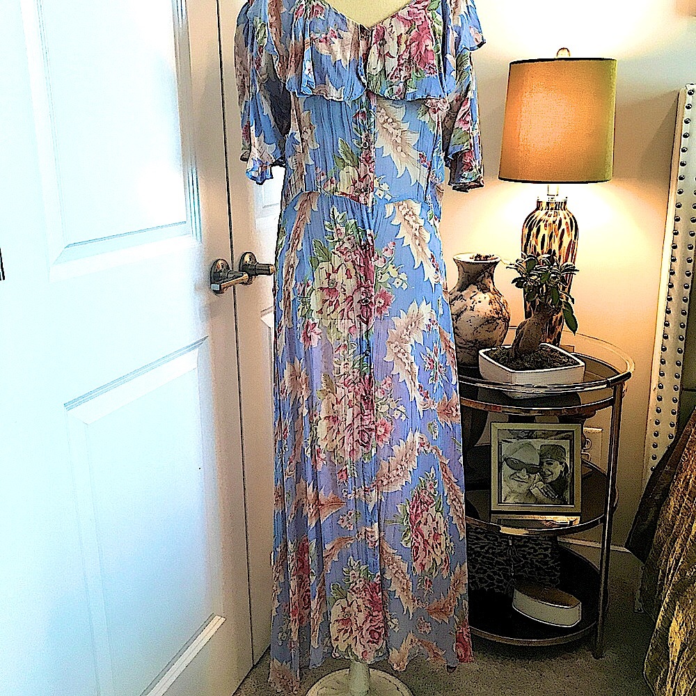 Vintage Floral Maxi with Glass Buttons and Flutter sleeves.